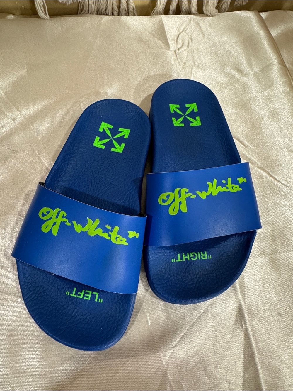 Off-White Kids Blue Slides with Neon Green Logo